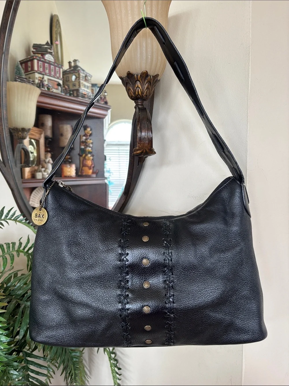 Vintage THE SAK Genuine Leather Black Zippered Hobo Shoulder Bag Studded Braided